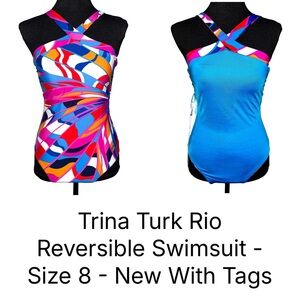 Trina Turk Rio Reversible One Piece Swimsuit Size 8 NWT High Neck Cutout Back